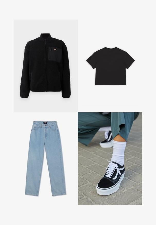 Mustan fleece-takin, jossa on pyöreä kaulus, vetoketjullinen etuosa ja rintatasku. Ominaisuudet pehmeä, teksturoitu pinta ja joustavat hihansuut.; Mustat lyhyt cropped T-paita, lyhyet hihat, klassinen pyöreä kaula-aukko, valmistettu pehmeästä puuvillakankaasta, yhtenäinen muotoilu ilman kuvioita tai yksityiskohtia.; Vaaleansiniset farkut suoran leikkauksen, viiden taskun, napin sulkemisen ja vähäisten kulutustyyppisten yksityiskohtien kanssa edessä.; Mustat mokkakengät valkoisilla yksityiskohdilla ja nauhoilla, joissa on paksu valkoinen pohja ja kontrastivärinen ommel, yhdistettynä valkoiseen sukkaan.