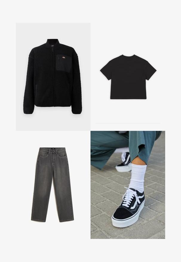 Zwarte fleece jas met een ronde kraag, een ritssluiting aan de voorkant en een borstzak. Beschikt over een zachte, gestructureerde oppervlakte en elastische manchetten.; Zwarte cropped T-shirt, korte mouwen, klassieke ronde hals, gemaakt van zachte katoenstof, effen ontwerp zonder patronen of accenten.; Grijze wijde jeans van denim. Heeft vijf zakken, een sluiting met een knoop en ritssluiting aan de voorkant, en subtiele vervaging op de stof.; Zwarte suède sneaker met witte accenten en veters, uitgerust met een dikke witte zool en contrasterende stiksels, gecombineerd met een witte sok.