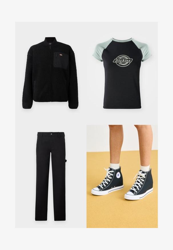 Sort fleecejakke med rund krave, lynlås foran og brystlomme. Har en blød, tekstureret overflade og elastiske manchetter.; Sort t-shirt med lys grøn raglanærmer. Har et centralt cirkulært logo med teksten "Dickies" i et rebdesign. Blød stoftekstur.; Sorte bukser lavet af stof med en glat tekstur, designet med lige ben, en knaplukning og en sidelomme.; Høje sneakers i mørkeblåt kanvas med hvide gummisåler, snørebånd og detaljer. Har et rundt logo og hvide syninger.