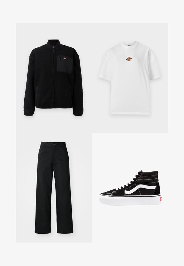 Sort fleecejakke med rund krave, lynlås foran og brystlomme. Har en blød, tekstureret overflade og elastiske manchetter.; Hvid T-shirt med korte ærmer og rund hals, med en lille farverig Dickies-logo placeret midt på brystet mod en ensfarvet baggrund.; Sorte vide bukser med flad front, knaplukning og bæltestropper. Fremstillet af holdbart stof med en glat tekstur.; Sorte høj-top sneakers med hvide snørebånd, et hvidt logo og kontrasterende hvid syning. Har en tyk hvid sål og struktureret ruskindsoverdel.
