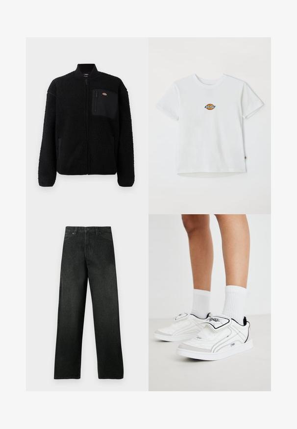 Mustan fleece-takin, jossa on pyöreä kaulus, vetoketjullinen etuosa ja rintatasku. Ominaisuudet pehmeä, teksturoitu pinta ja joustavat hihansuut.; Valkoinen puuvillapaita, jossa on pyöreä logo monivärisin korostuksin. Lyhyet hihat ja pyöreä kaula-aukko, pienen tarran kanssa helman kohdalla.; Musta suora lahjeiset farkut, joissa etutaskut ja vyölenkit, napit ja vetoketjusulku, esillä yksinkertaisella taustalla.; Valkoiset urheilukengät, joissa on sileä synteettinen päällinen, mustat yksityiskohdat ja tarrasuljenta. Mukana valkoiset ribbipaidet ja yksinkertainen pohjamalli.
