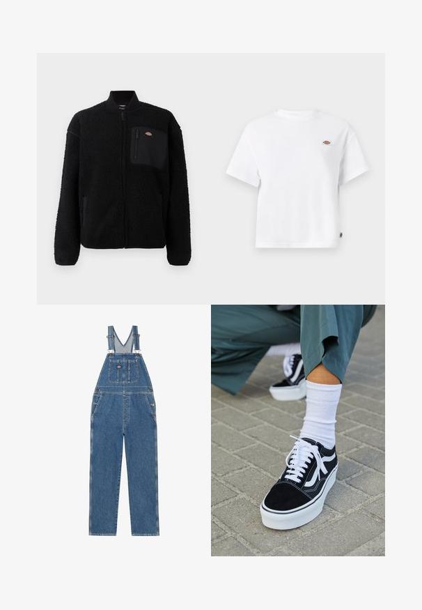 Zwarte fleece jas met een ronde kraag, een ritssluiting aan de voorkant en een borstzak. Beschikt over een zachte, gestructureerde oppervlakte en elastische manchetten.; Witte katoenen T-shirt met een relaxte pasvorm, voorzien van een klein logo-opdruk op de borst en een label aan de zijkant voor een extra detail.; Denim tuinbroek met verstelbare schouderbanden, V-vormige bies, voorzak en zijzakken. Heeft een klassieke blauwe kleur en contrasterende stiksels.; Zwarte suède sneaker met witte accenten en veters, uitgerust met een dikke witte zool en contrasterende stiksels, gecombineerd met een witte sok.