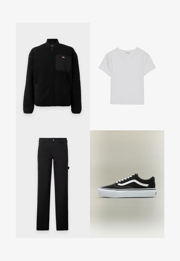 Sort fleecejakke med rund krave, lynlås foran og brystlomme. Har en blød, tekstureret overflade og elastiske manchetter.; Hvid kortærmet V-hals t-shirt lavet af ribbet stof. Har et rent design med en lige kant og minimal detaljer.; Sorte bukser lavet af stof med en glat tekstur, designet med lige ben, en knaplukning og en sidelomme.; Lavtop sort sneaker med hvid side stribe, hvide snørebånd, hvid gummisål og tekstureret tåhætte på neutral baggrund.