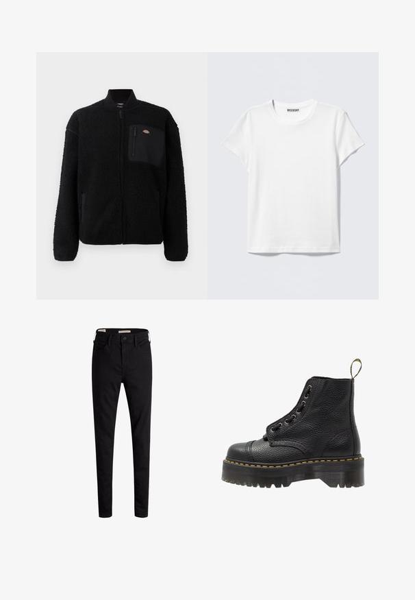 Veste en polaire noire avec un col rond, fermeture éclair sur le devant et une poche sur la poitrine. Présente une surface douce et texturée ainsi que des poignets élastiques.; T-shirt blanc simple à manches courtes et col rond avec une étiquette "WEEKDAY" à l'intérieur du col, présenté sur un fond gris clair.; Jean skinny noir taille haute avec bouton à l'avant et poches, présenté sur un fond blanc.; Bottines en cuir noir avec surface texturée, bout arrondi, lacets, coutures jaunes et une épaisse semelle noire crantée.