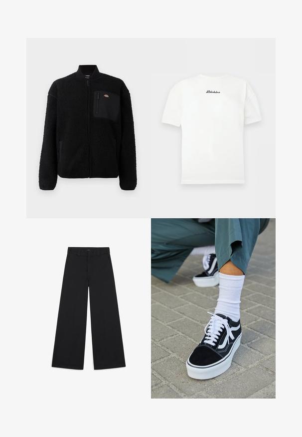 Zwarte fleece jas met een ronde kraag, een ritssluiting aan de voorkant en een borstzak. Beschikt over een zachte, gestructureerde oppervlakte en elastische manchetten.; Wit T-shirt met korte mouwen en ronde hals met klein zwart "Dickies" logo in het midden van de borst.; Zwarte brede broek gemaakt van een zachte, geweven stof. Heeft persplooien, ceintuurlussen en een nette, op maat gemaakte afwerking.; Zwarte suède sneaker met witte accenten en veters, uitgerust met een dikke witte zool en contrasterende stiksels, gecombineerd met een witte sok.