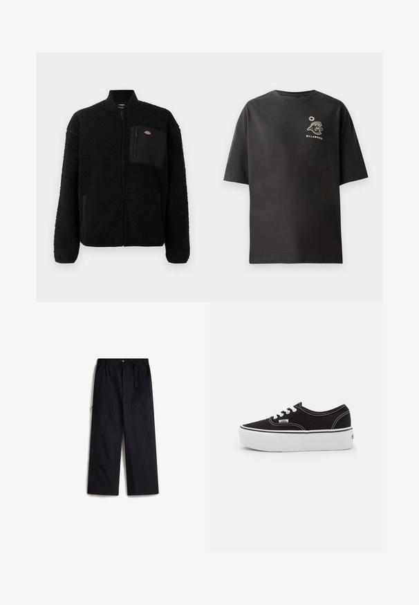 Chaqueta de forro polar negra con cuello redondo, cierre frontal con cremallera y un bolsillo en el pecho. Presenta una superficie suave y texturizada, así como puños elásticos.; Camiseta negra de manga corta con un pequeño logo blanco de Billabong y un gráfico en el pecho. Fabricada en algodón suave con un corte relajado.; Pantalones cargo negros con una cintura elástica, cinturón ajustable y dos bolsillos laterales. Hechos de una tela ligera y texturizada.; Zapatilla de lona negra con suela de plataforma de goma blanca, que presenta cordones y costuras blancas, con branding icónico en el lateral, diseño de corte bajo.