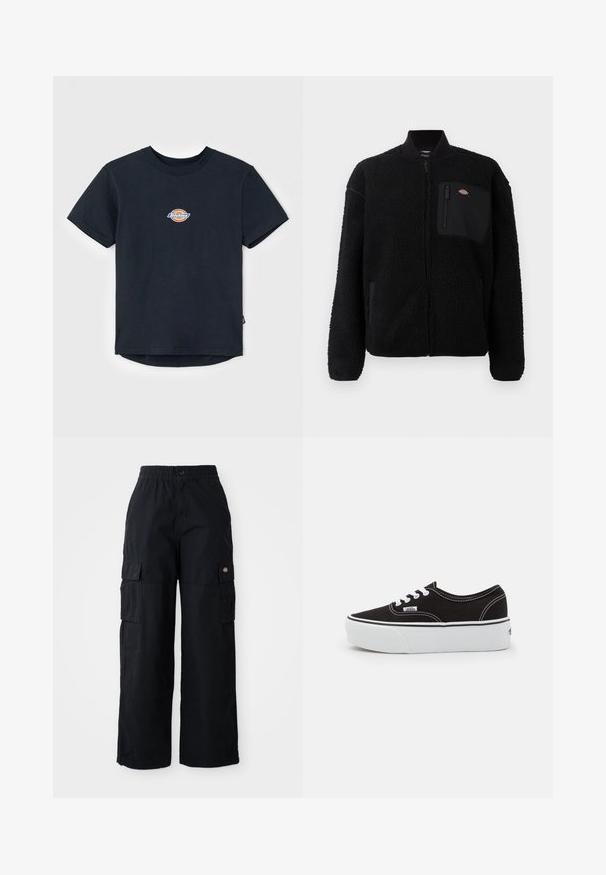 Schwarze Fleecejacke mit rundem Kragen, Reißverschluss vorne und einer Brusttasche. Verfügt über eine weiche, strukturierte Oberfläche und elastische Bündchen.; Schwarzes Baumwoll-T-Shirt mit kurzen Ärmeln, Rundhalsausschnitt und einem kleinen, mehrfarbigen Logo auf der Brust. Gerader Saum mit einem leicht längeren Rücken.; Schwarze Cargo-Hosen mit elastischem Bund und Knopf. Sie verfügen über zwei große Seitentaschen und ein Aufnählogo am linken Bein. Weites Bein-Design.; Schwarze Leinensneaker mit einer weißen Gummiplattformsohle, weißen Schnürsenkeln und Nähten, ikonischer Markenaufdruck an der Seite, im Low-Top-Design.
