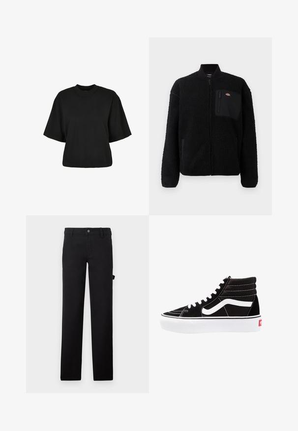 Zwarte fleece jas met een ronde kraag, een ritssluiting aan de voorkant en een borstzak. Beschikt over een zachte, gestructureerde oppervlakte en elastische manchetten.; Zwart cropped t-shirt van katoen. Heeft korte mouwen en een ronde halslijn. Glad materiaal met een eenvoudig ontwerp, geen extra patronen.; Zwarte broek van stof met een gladde textuur, ontworpen met rechte pijpen, een knoopsluiting en een zijzak.; Zwarte high-top sneakers met witte veters, een wit logo en contrasterende witte stiksels. Heeft een dikke witte zool en een bovenwerk van gestructureerd suede.