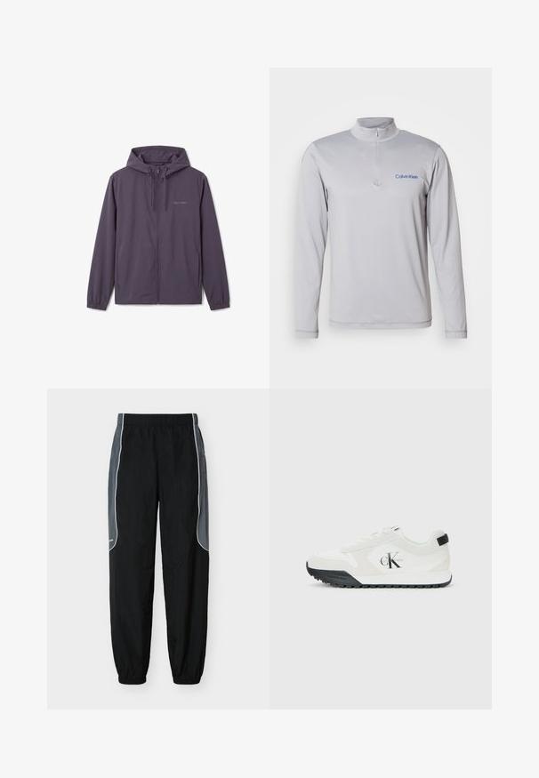 Tmavosivá mikina na zips s nastaviteľnou šnúrkou na kapucni, elastickými manžetami, bočnými vreckami a jemným logom Calvin Klein na hrudi.; Dlhý rukáv, svetlosivý pulóver na zips s textúrovanou látkou. Na hrudi je modré logo Calvin Klein. Jednoduchý, atletický dizajn.; Čierne tepláky s tmavošedými bočnými panelmi a bielym lemovaním, elastickým pásom a manžetami, zobrazené na bielom pozadí.; Biele tenisky Calvin Klein s čiernou podrážkou, semišovými a sieťovinovými panelmi, logo CK na boku a značkovanie Calvin Klein na päte a podrážke.