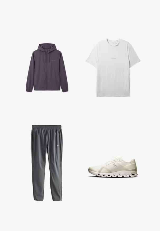 Sweat à capuche zippé gris foncé avec cordon de serrage réglable à la capuche, poignets élastiques, poches latérales et logo discret Calvin Klein sur la poitrine.; T-shirt blanc à manches courtes Calvin Klein Performance avec col rond et petit logo centré sur la poitrine.; Pantalon de sport gris foncé avec taille élastique, poches latérales zippées et fermetures éclair aux chevilles, présenté à plat sur fond blanc.; Baskets de sport blanches avec un dessus en mesh respirant, au design minimaliste, dotées d'une semelle rembourrée avec des découpes allongées pour un meilleur soutien.