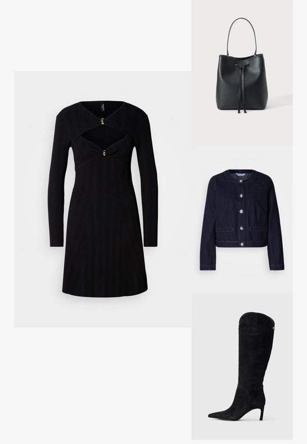 Mørk denimjakke med rund halsudskæring, sølvknapper, to forlommer og kort design. Sømme er synlige langs kanterne.; Sort ribbet kjole med lange ærmer, der har en tætsiddende bodice, V-formet udskæring og gyldne knapdetaljer ved brystet.; Høj sort ruskind støvle til knæene med spidse tæer og slank mellemhøj hæl på en lysegrå baggrund.; Sort læder bucket-taske med en enkelt skulderrem og en forreste snørrelukning mod en ensfarvet hvid baggrund.