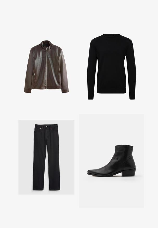 Bruine leren jas met voorrits, opstaand kraag en twee ritssluiting zijzakken, getoond tegen een witte achtergrond.; INDICODE JEANS IDBADAN FINE KNIT - Trui - black; GAP 90S LOOSE - Wijde jeans - black; Zwarte leren enkellaars met een spitse neus, minimale stiksels, een middellange blokhak en een gladde, gepolijste afwerking.