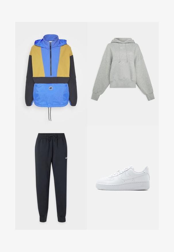 Rompevientos colorido con paneles azules, amarillos y negros. Cuenta con un collar con cremallera, dobladillo ajustable y parche de logo en la parte frontal.; Sudadera recortada gris hecha de tejido suave. Cuenta con una capucha ajustable con cordón, mangas anchas y un pequeño logo en la parte delantera.; Pantalones de chándal negros Nike con cinturilla elástica y cordón, piernas ajustadas, tobillos con puños y pequeño logo blanco de Nike en el muslo derecho.; Zapatilla blanca Nike Air Force 1 de corte bajo con cierre de cordones, puntera perforada y el icónico logo swoosh en el lateral.