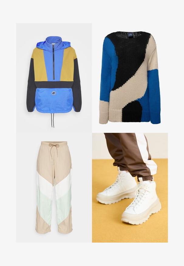 Farverig vindjakke med blå, gul og sorte paneler. Har en lynlåset krave, justerbar kant og et logo-patch på fronten.; Strikket sweater med markante farvefelter i sort, blå og beige. Rund hals, lange ærmer og ribbede manchetter giver tekstur og varme.; Letvægtige, farveblokerede bukser har beige, hvid og lys grønne paneler i et chevron-design. Elastisk talje med justerbar snørelukning.; Hvide højtop sneakers med en kraftig, tekstureret sål, der har en glat overdel, rund tå og tonede snørebånd, placeret mod en gul baggrund.