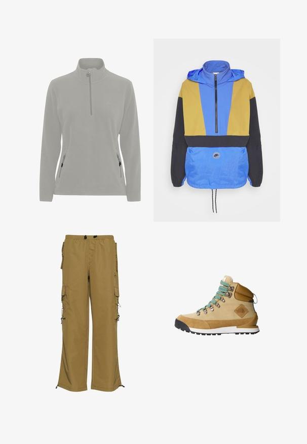 Veste coupe-vent colorée avec des panneaux bleus, jaunes et noirs. Elle dispose d'un col zippé, d'un ourlet ajustable et d'une patte de logo à l'avant.; Pull en polaire gris clair avec un col haut, fermeture éclair demi-zippée, poches latérales avec zippers et une texture lisse. Logo simple sur la poitrine.; Pantalons cargo kaki avec une taille élastique, plusieurs poches latérales et des poignets ajustables. Fabriqués en tissu durable avec une texture lisse.; Botte de randonnée beige avec un dessus en suède et en toile, lacets turquoise, col rembourré et semelle en caoutchouc noir avec un motif de grip texturé.