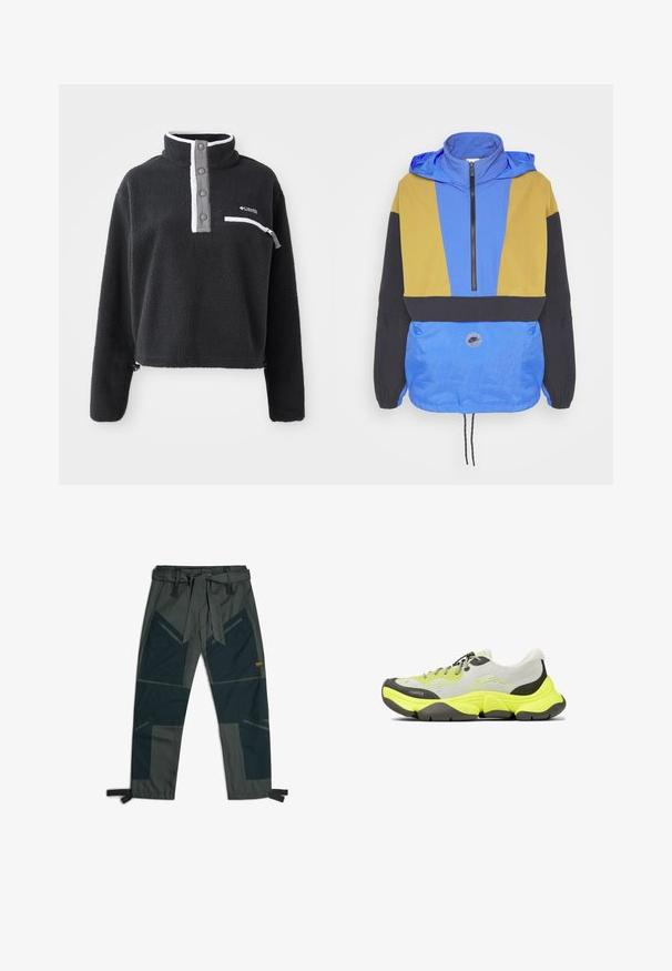 Kleurige windbreaker met blauwe, gele en zwarte panelen. Heeft een ritskraag, verstelbare zoom en een logo-opdruk aan de voorkant.; Zwarte fleece pullover met een ritskraag, voorzien van een borstzak en contrasterende witte en grijze accenten. Zachte textuur, cropped ontwerp.; Broek met een riem, voorzien van een mix van donkergroene en grijze stoffen, hoekig patchworkontwerp, meerdere zakken en verstelbare enkelbandjes.; Laag uitgesneden sneaker met een neongele en grijze chunky zool, lichtgrijs mesh bovenwerk, zwarte accenten en gemusterde grijze veters.