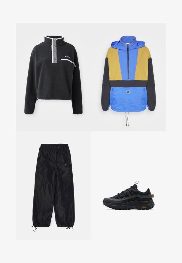 Farverig vindjakke med blå, gul og sorte paneler. Har en lynlåset krave, justerbar kant og et logo-patch på fronten.; Sort fleece pullover med halv lynlås krave, der har en brystlomme og kontrasterende hvide og grå detaljer. Blød tekstur, cropped design.; Sorte cargobukser lavet af blank nylon med elastisk talje, justerbar snor, sidelommer og elastiske manchetter.; Sort lav sko til vandring med tyk, tekstureret Vibram-sål, runde snørebånd, mesh-overdel og træksløjfe ved hæl og tunga.