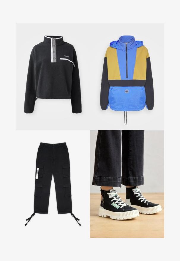 Kleurige windbreaker met blauwe, gele en zwarte panelen. Heeft een ritskraag, verstelbare zoom en een logo-opdruk aan de voorkant.; Zwarte fleece pullover met een ritskraag, voorzien van een borstzak en contrasterende witte en grijze accenten. Zachte textuur, cropped ontwerp.; Pegador TANAMI WIDE PANTS - Cargobroek - black; Zwarte high-top sneakers met witte rubberen zolen, gestructureerde stof, groene en oranje accenten, en witte veters. Gedetailleerde stiksels aan de zijkanten.
