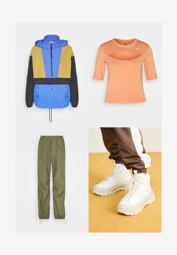 Farebný vetrový kabát s modrými, žltými a čiernymi panelmi. Obsahuje zips na golieri, nastaviteľný lem a nášivku loga na prednej strane.; Nike Sportswear CUTOUT - Tričko s potlačou - amber brown/sail; Cotton On JORDAN PANT - Nohavice - khaki; Biele vysoké tenisky s hrubou štruktúrovanou podrážkou, majúce hladký zvršok, okrúlu špičku a zladené šnúrky, na žltom pozadí.