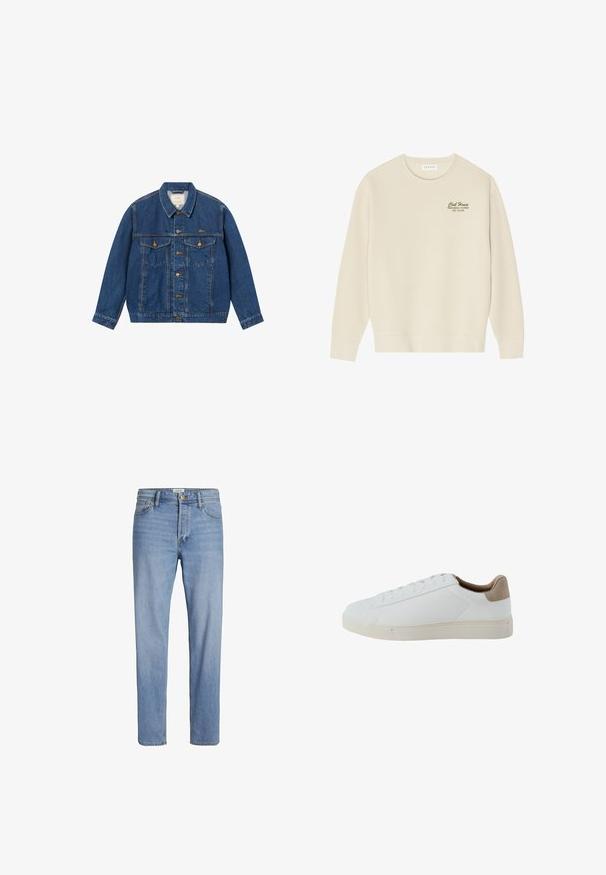 BLKVIS SCRIPT - Cowboyjakker - mid blue; Beige sweatshirt med rund halsudskæring, lange ærmer og en ribbet kant. Har grøn tekst på brystet med teksten "Club House Miami Beach, Florida".; Lysblå denimjeans med lige pasform, standard fem-lomme design og synlig stitching. Ingen tydelige mønstre eller accenter.; Hvide lavtop sneakers med beige hælafslutning, snøredesign, flad sål og glat læderoverdel, vist fra ydersiden.