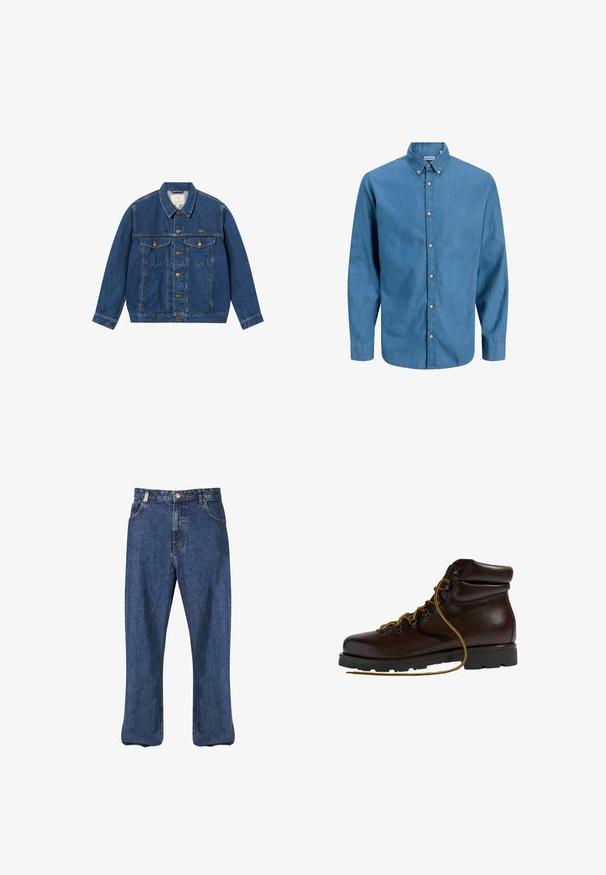 BLKVIS SCRIPT - Jeansjacke - mid blue; Blaue Hemdbluse aus Denim mit Kragen und langen Ärmeln. Schlichte Textur mit sichtbaren Knöpfen auf der Vorderseite.; Dunkelblaue Denim-Jeans im geraden Schnitt, klassischem Fünf-Taschen-Stil und sichtbaren Nähten entlang der Nähte.; Brauner Leder-Wanderschuh mit abgerundetem Zeh, strukturierten Oberflächen, gelben Schnürsenkeln und Metallösen. Enthält eine robuste schwarze Gummisohle.
