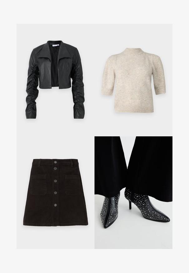 Sort cropped jakke lavet af glat læder. Har en bred krave og rynkede ærmer, hvilket giver en tætsiddende silhuet og moderne design.; Kortærmet, højhalset sweater i et blødt, lyst beige strik, med små perle detaljer foran samt ribbede manchetter og kant.; Brun kordfløjl A-linje nederdel med knapfront, to forlommer og teksturerede lodrette striber. Standard talje med bæltestropper.; Sorte ankelstøvler med spids tå, prydet med sølvfarvede nitter over det hele og med en høj stilettohæl. Lynlåslukning bagpå.