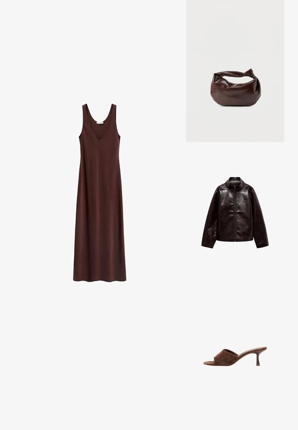 Veste en simili cuir brun avec un col montant, fermeture éclair intégrale et une texture lisse et brillante. Caractéristiques : coupe décontractée et manches longues.; Robe maxi sans manches marron avec un décolleté rond, texture lisse et coupe droite, conçue pour un ajustement décontracté.; Mule en daim marron à bout ouvert, talon en bois incurvé de hauteur moyenne et design à enfiler sur fond blanc.; Sac bandoulière en cuir marron foncé avec une forme souple et décontractée et une anse nouée torsadée sur un fond blanc uni.