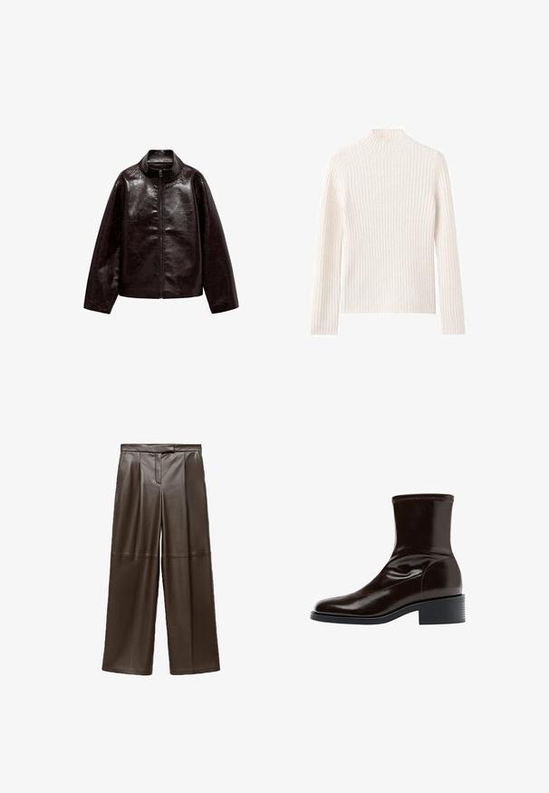 Brun faux læderjakke med høj krave, fuld lynlås lukning og en glat, blank overflade. Har en afslappet pasform og lange ærmer.; Ribstrikket rullekravesweater i off-white, lavet af blødt strikstof. Har lange ærmer og en tætsiddende silhuet.; Brune læder brede bukser med en glat tekstur, der har folder foran og et klassisk taljebånddesign.; Mørkebrun læderankelstøvle med firkantet tå, lav blokhæle og stikning langs øverste kant, vist i sideprofil.