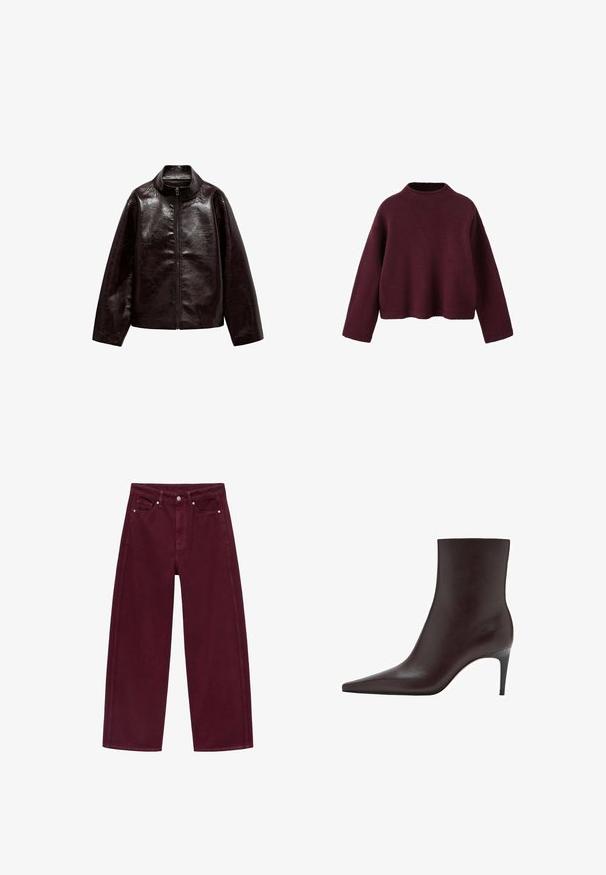 Brun faux læderjakke med høj krave, fuld lynlås lukning og en glat, blank overflade. Har en afslappet pasform og lange ærmer.; Bordeauxrød strikket sweater med høj hals, sænket skulder og lange ærmer. Har et cropped design og ribbet tekstur.; Bordeaux bredde ben jeans lavet af bomuldsdenim, med fire-pocket design og metalknap lukning med matchende syninger.; Brun læder ankelstøvle med spids tå, slank skafter og en tynd, høj hæl. Glat tekstur, minimalistisk design, ingen synlig hardware.