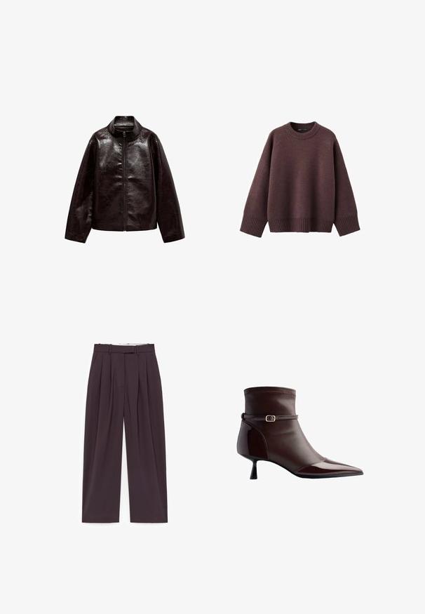 Brun faux læderjakke med høj krave, fuld lynlås lukning og en glat, blank overflade. Har en afslappet pasform og lange ærmer.; Løs pasform sweater i mørk bordeaux, lavet af blødt strikket stof. Har en ribstrikket rund hals, vide ærmer og en ribstrikket kant.; Mørkebrune bukser med brede ben, folder, bæltestropper, sidelommer og en skjult lukning foran.; Brune læder ankelstøvle med spidse tæer, lille kittenhæl og en tynd rem med en lille guldbuckle rundt om anklen.