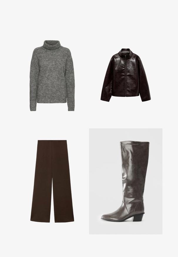 Brun faux læderjakke med høj krave, fuld lynlås lukning og en glat, blank overflade. Har en afslappet pasform og lange ærmer.; Grå turtleneck sweater lavet af blødt strikmateriale, med en afslappet pasform og lange ærmer med en subtil tekstur hele vejen igennem.; Bredde bukser lavet af et glat, mørkebrunt stof. Har en høj talje og et minimalistisk design uden udsmykninger.; Høje kvinders mørkegrå læderstøvle med en mellem høj hæl og rund tå, vist fra siden på en hvid baggrund.