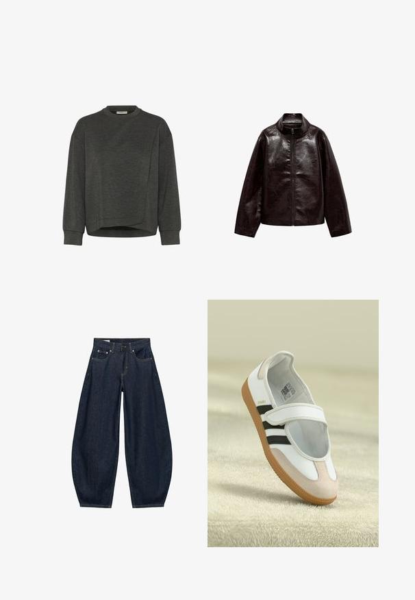 Brun faux læderjakke med høj krave, fuld lynlås lukning og en glat, blank overflade. Har en afslappet pasform og lange ærmer.; Mørkegrå sweatshirt med rund hals, lange ærmer, asymmetrisk design og blød tekstur. Har en afslappet pasform og minimale syninger.; Mørkeblå vidde jeans med frontlommer, bæltestropper og knaplukning i taljen.; Hvid sko med en lyserød ruskindforfod, sorte striber og en velcrorem. Har en lys gummi sål og et logo på siden.