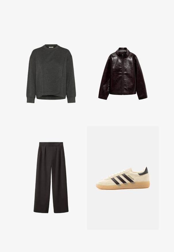 Brun faux læderjakke med høj krave, fuld lynlås lukning og en glat, blank overflade. Har en afslappet pasform og lange ærmer.; Mørkegrå sweatshirt med rund hals, lange ærmer, asymmetrisk design og blød tekstur. Har en afslappet pasform og minimale syninger.; Vidbenede sorte bukser med glat tekstur, foldet front og to sidelommer, med en tætsiddende talje.; Kremfarvet ruskindssneaker med sorte striber, gummisål, sort hælstrop og gyldent "SPEZIAL"-tekst på siden.