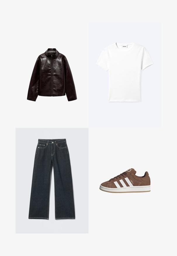 Bruine neplederen jas met een hoge kraag, volledige ritsluiting en een gladde, glanzende textuur. Beschikt over een ontspannen pasvorm en lange mouwen.; Effen wit T-shirt met korte mouwen en ronde hals met een klein "WEEKDAY" label aan de binnenkant van de hals, plat neergelegd op een lichte achtergrond.; Donkerblauwe jeans met wijde pijpen, knoopsluiting aan de voorkant, rits, lussens voor riem en vijf zakken, tegen een lichte effen achtergrond.; Bruine suède sneaker met witte leren strepen, rubberen zool, ronde neus en vetersluiting. Kenmerkt zich door een logo op de tong en geperforeerde accenten.