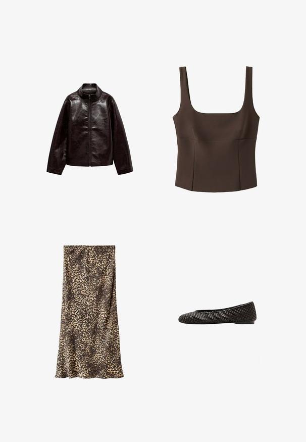 Veste en simili cuir brun avec un col montant, fermeture éclair intégrale et une texture lisse et brillante. Caractéristiques : coupe décontractée et manches longues.; Top marron sans manches, court, avec un large décolleté carré et des coutures ajustées, en tissu texturé.; Jupe midi à imprimé léopard en tissu doux, présentant un mélange de tons marron et beige. Design simple avec une silhouette fluide.; Chaussure plate noire tissée avec bout arrondi et petit talon, présentée en profil sur fond blanc.