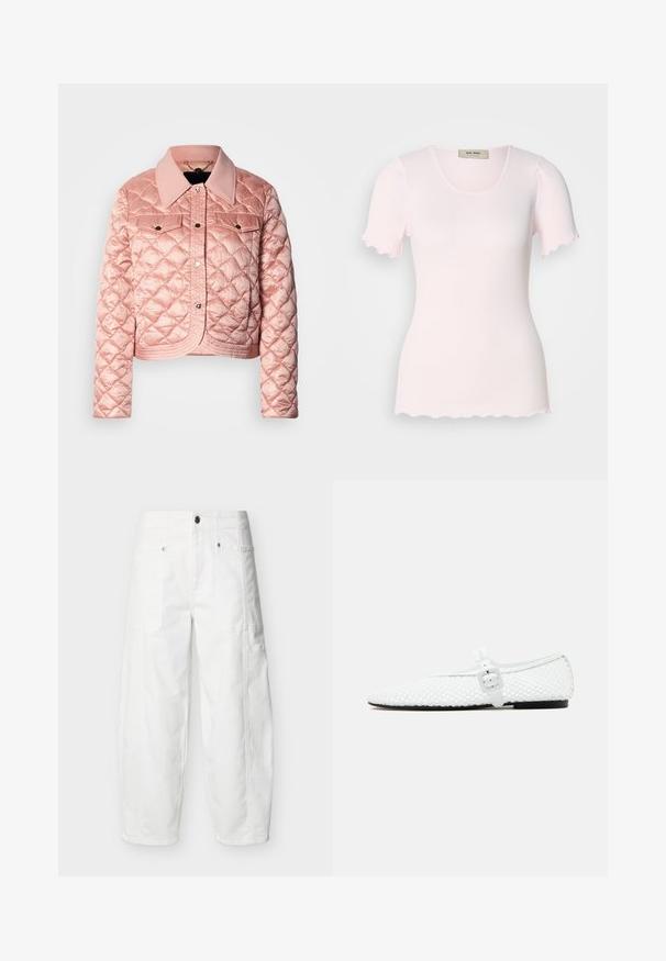Veste matelassée rose clair avec col, boutons-pression, deux poches avant et coupe courte. Texture lisse avec motifs en losange.; T-shirt côtelé rose clair avec un décolleté en forme de recette et des manches courtes aux bords festonnés. Fabriqué en tissu extensible pour le confort.; Pantalon blanc à jambes larges avec poches plaquées à l'avant, fermeture à boutons et détails de coutures visibles, présenté sur un fond uni.; Chaussure plate blanche avec tige en mesh et une bride blanche ornée d'une boucle carrée, présentée sur un fond gris clair uni.