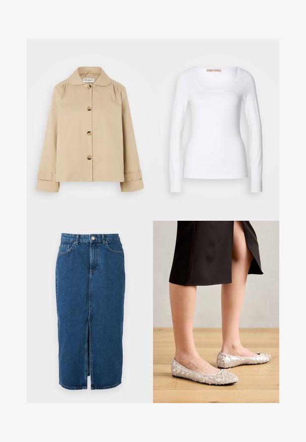 Beige bomuldsjakke med rund krave, frontlukning med knapper og to sidelommer. Har samlet detaljer ved skuldrene og manchetterne.; Langærmet hvid bomulds T-shirt med rund halsudskæring og tætsiddende design, med glat tekstur og uden udsmykninger.; Mid-lang blå denimnederdel med frontcenter slids, bæltestropper, forlommer og knaplukning i taljen.; Beige stæl ballet flats med en rund tå, der har en bueaccent, parret med en sort nederdel, vist på et trægulv.
