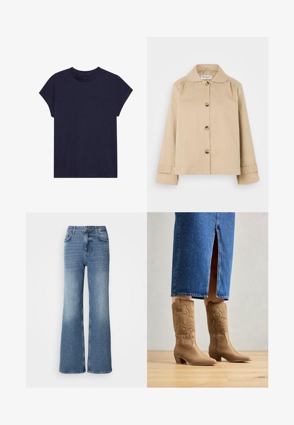 Beige Baumwolljacke mit rundem Kragen, vorderem Knopfverschluss und zwei seitlichen Taschen. Mit Raffungen an den Schultern und Bündchen.; Dunkelblaue Baumwoll-T-Shirt mit rundem Ausschnitt und kurzen Ärmeln, das einen lockeren Schnitt und eine glatte Textur bietet. Keine Muster oder Akzente.; Mos Mosh MAI - Jeans Straight Leg - blue wash; Braune westernstil Stiefel mit dekorativer Stickerei, spitzer Zehenform und gestapeltem Absatz. Getragen mit einem knielangen Jeansrock, der die Stiefel zur Geltung bringt.