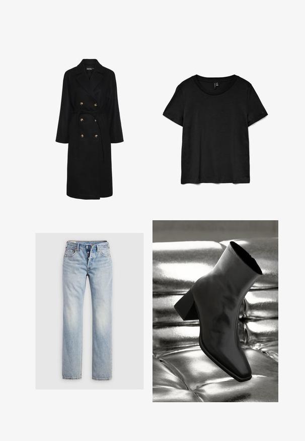 Sort dobbeltradet frakke med en bælte i taljen, guldtonede knapper, brede revers og lange ærmer; lavet af et blødt, struktureret stof.; Sort t-shirt med korte ærmer lavet af blødt stof. Har en klassisk rund halsudskæring og en afslappet pasform med lige kant.; Lysblå denim jeans med lige ben, fem-knap lukning og baglommer med diskret stikning.; Sorte ankelstøvler lavet af glossy materiale med firkantet tå og spidse hæle, sat mod en skinnende sølv tuftet baggrund.