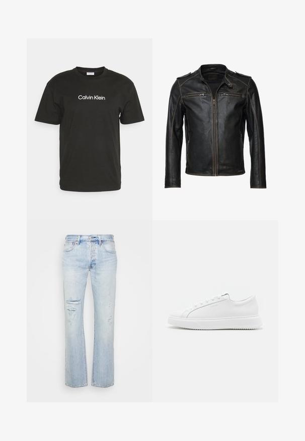 Mustang Læderjakker - vintage brown; Sort bomulds T-shirt med rund hals og korte ærmer, med "Calvin Klein" logo i hvidt trykt på forsiden.; Lys blå denimjeans med lige pasform, prydet med slidte lapper og frynsede kanter. Subtil falming og klassiske metalbeslag.; Hvide sneakers lavet af glat syntetisk materiale. Har et lavt design, forhøjet hvid sål, rund tå og snørebånd foran med fem snøre-huller.