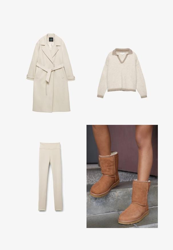 Kremfarvet uldfrakke med bælte i taljen, brede revers og sidelommer. Har lange ærmer og en glat, ubemærket tekstur.; Lysebeige strikket sweater med V-hals, ribbet krave og ærmekanter i en mørkere taupe. Afslappet pasform med en kortet kant.; Beige leggings lavet af strækbart stof. Høj talje, tætsiddende pasform, med glat tekstur og uden synlige mønstre eller hardware.; Brune ruskind ankelstøvler med rund tå, blødt foer og gummisål, der har synlige stikninger langs sømmene.