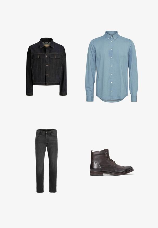 Donkerblauw spijkerjasje met knopen aan de voorkant, twee borstzakken met klep, lange mouwen en contrasterende stiksels.; Lichtblauw denim overhemd met een button-down kraag, lange mouwen en een gebogen zoom. Voorzien van een voorpaspel met witte knopen.; Zwarte denim jeans met een recht model, vijfzakken ontwerp en ritsluiting. Bevat subtiele vervaging en contrasterende stiksels.; Donkerbruine leren enkelboot met wingtip-design, ronde neus, subtiele brogue-details, metalen veterogen en platte hak. Voorzien van een trekflap.