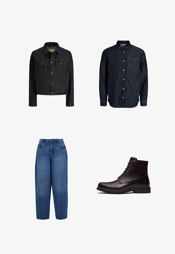 Mørkeblå denimjakke med knaplukning foran, to brystlommer med klap, lange ærmer og kontrastsyning.; Mørkeblå denimskjorte med lange ærmer, knaplukket krave, knapper foran og en enkelt brystlomme med kontrastsyning.; Højtaljede straight-leg jeans i mellemblå denim. Har fem-lomme design, metalknap lukning og dobbelt-stitchet kant.; Mørkebrun læder snørestøvle med gummisål og subtilt præget logo nær hælen, vist fra ydersiden.