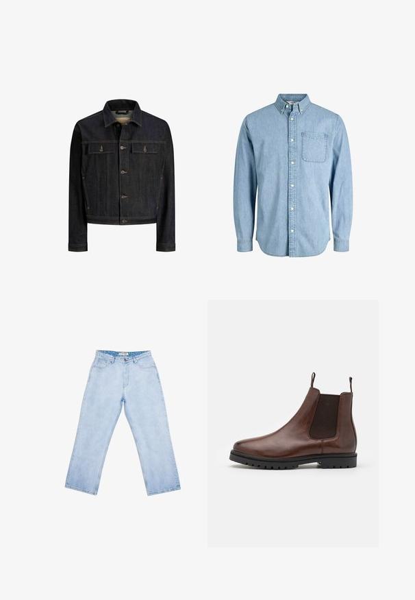 Mørkeblå denimjakke med knaplukning foran, to brystlommer med klap, lange ærmer og kontrastsyning.; Lyseblå denimskjorte med knapper, lange ærmer, krave, brystlomme og subtil tekstur. Har hvide knapper langs knapstolpen.; Lyseblå jeans med høj talje og lige ben, forlommer, bæltestropper, knaplukning og en mærket inderlabel ved linningen.; Brune læder Chelsea-støvle med elastiske sidepaneler, rund tå og tekstureret gummisål, der har trækstropper for nem påtagning.