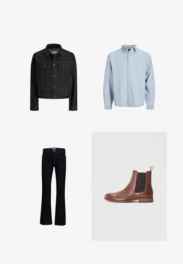 Mørkeblå denimjakke med knaplukning foran, to brystlommer med klap, lange ærmer og kontrastsyning.; Lyseblå skjorte med knapper lavet af blødt denimstof. Har krave, lange ærmer og lige kant. Fem knapper foran.; Mørkeblå bukseskær med flared fit lavet af denim med en glat tekstur. Har fem lommer, messingbeslag og kontrastsygning.; Brun læder Chelsea boot med en glat overflade, elastiske sidepaneler og en trækflig, med rund tå og flad træhæl.