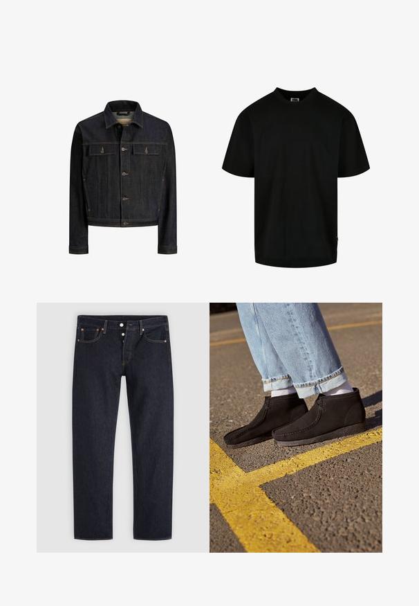Mørkeblå denimjakke med knaplukning foran, to brystlommer med klap, lange ærmer og kontrastsyning.; Sort T-shirt lavet af bomuld, med rund halsudskæring og korte ærmer i en løs pasform. Enkel design, uden mønstre eller grafik.; Mørkeblå straight-leg jeans med knaplukning, for- og baglommer samt kobbernitter på en lysegrå baggrund.; Sorte suede ankelstøvler med en glat overflade, buet tå og syede detaljer. Kombination med lyseblå buksere jeans med opfoldede manchetter og hvide sokker.