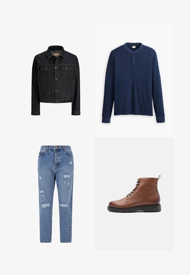Dunkelblaue Jeansjacke mit Knopfleiste vorne, zwei aufgesetzten Brusttaschen mit Klappe, langen Ärmeln und kontrastierenden Nähten.; Langärmliges navyblaues Henley-Shirt aus geripptem Stoff. Mit rundem Ausschnitt und einer Knopfleiste mit drei Knöpfen. Die Bündchen sind schmal geschnitten.; Hellblaue Denim-Jeans mit hoher Taille, geradem Bein und einem verwaschenen Design, das Risse und fransige Kanten aufweist.; Braune Lederstiefeletten mit einer runden Zehenpartie, Schnürung vorne und schwarzer Gummisohle. Mit einer Schlaufe an der Rückseite für einfaches Anziehen.