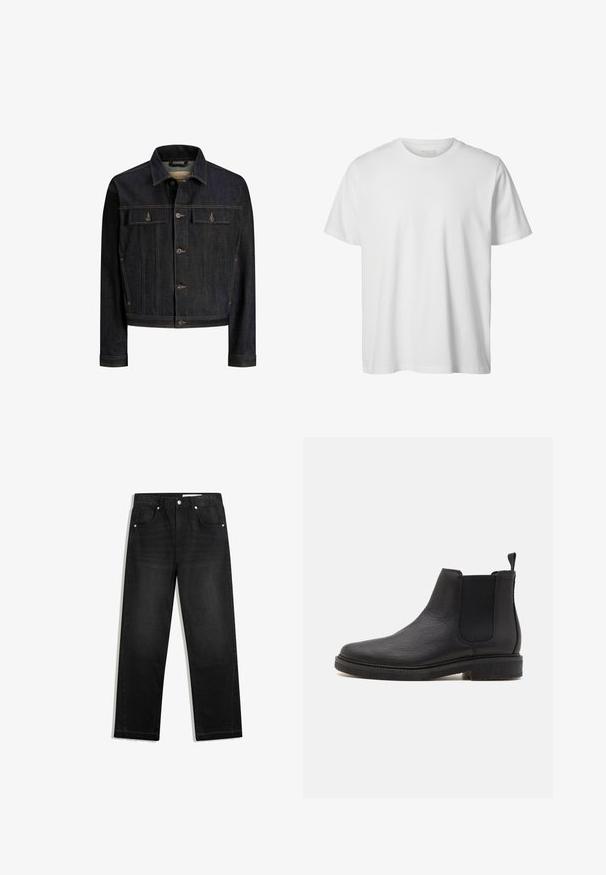 Mørkeblå denimjakke med knaplukning foran, to brystlommer med klap, lange ærmer og kontrastsyning.; Enkelt hvid T-shirt med korte ærmer og rund hals, løs pasform og uden synlige logoer eller designs foran.; Sorte denimjeans med lige bendesign, fem lommer, kontrasterende hardware og rå kantdetalje nederst.; Sort læder Chelsea støvle med en struktureret finish, elastiske sidepaneler og en trækflap, præget af en lav, flad gummisål.