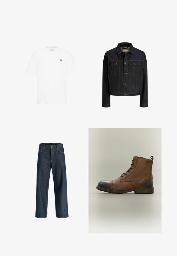 Dunkelblaue Jeansjacke mit Knopfleiste vorne, zwei aufgesetzten Brusttaschen mit Klappe, langen Ärmeln und kontrastierenden Nähten.; Weißes Kurzarm-T-Shirt mit Rundhalsausschnitt und einem kleinen grauen geometrischen Logo auf der linken Brust. Hergestellt aus weichem Baumwollmaterial.; Dunkelblaue gerade geschnittene Jeans mit Fronttaschen, Gürtelschlaufen und Knopfverschluss, vor weißem Hintergrund dargestellt.; Brauner Leder-Schnürstiefel bis zum Knöchel mit schwarzer Zehenkappe, runder Sohle und Markenlabel an der Seite vor schlichtem Hintergrund.