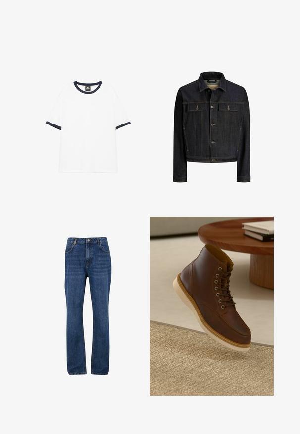 Veste en denim bleu foncé avec fermeture à boutons, deux poches poitrine à rabat, manches longues et surpiqûres contrastantes.; T-shirt blanc à manches courtes avec encolure et poignets de manches côtelés noirs, posé à plat sur fond blanc.; Jeans en denim bleu foncé avec une coupe droite, dotés de poches avant, de passants de ceinture et d'une fermeture à glissière avec bouton.; Bottine en cuir marron avec semelle beige sur un tapis beige texturé à côté d'une table ronde en bois avec des livres empilés.